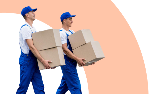 Work with Us: Two men carrying boxes, looking happy
