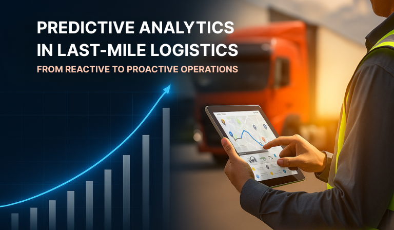 Person using a tablet to monitor logistics data with trucks in the background, symbolizing predictive analytics in last-mile delivery.